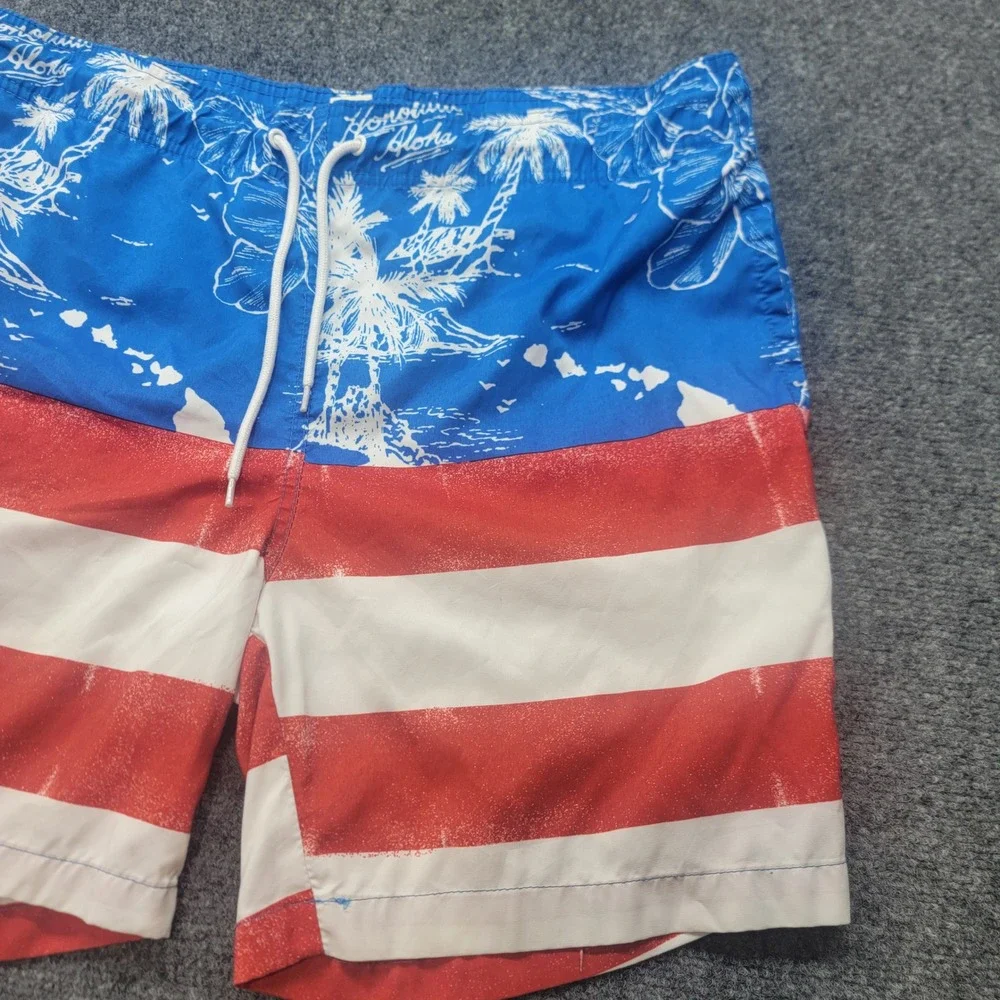 Arizona Jean Co Mens Medium Swim Trunks American Flag Honolulu Aloha Blue Red